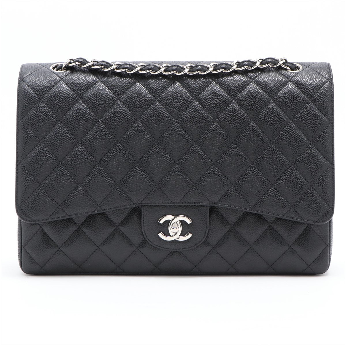 Maxi Classic Single Flap in Black Quilted Caviar Leather Silver Hardware