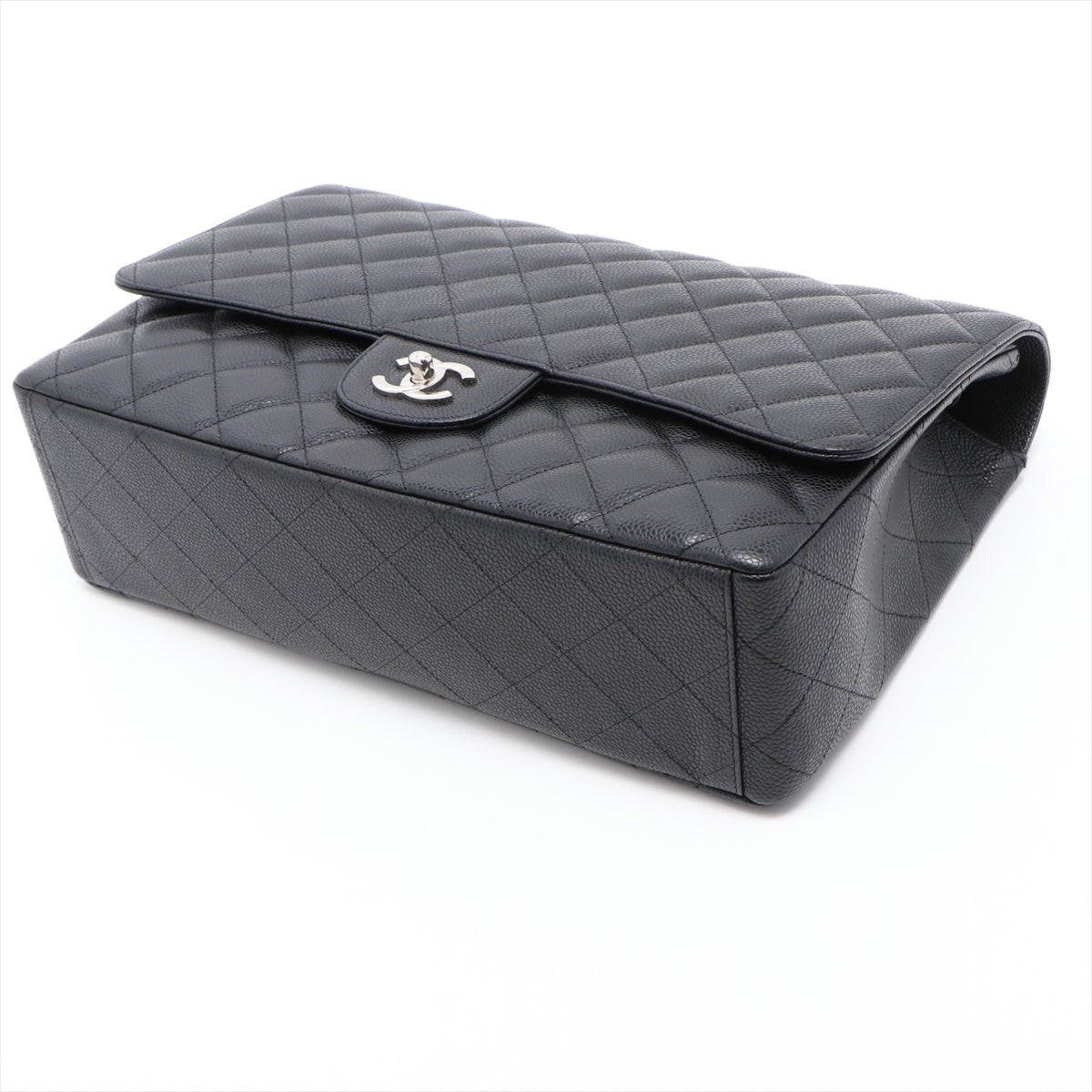 Maxi Classic Single Flap in Black Quilted Caviar Leather Silver Hardware