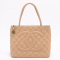 Medallion Tote Bag Beige Caviarskin Gold Metal