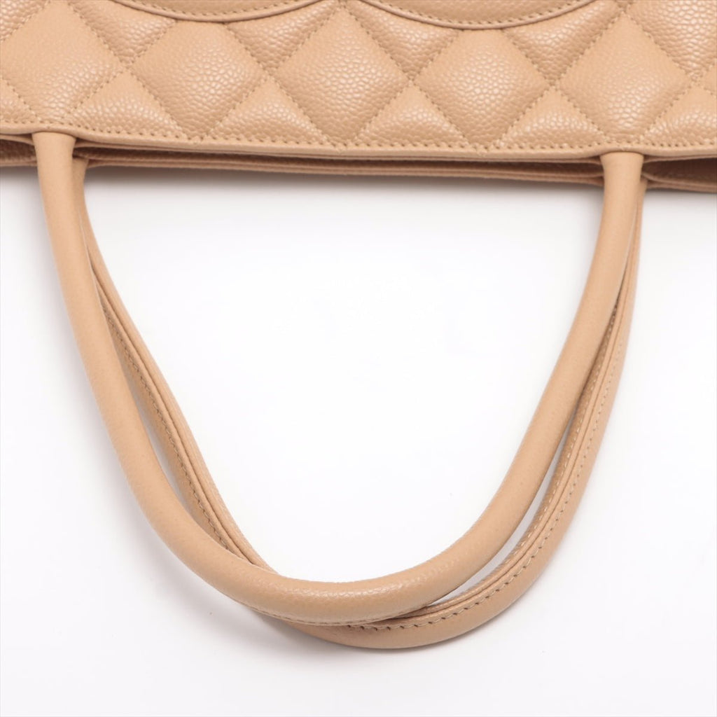 Medallion Tote Bag Beige Caviarskin Gold Metal