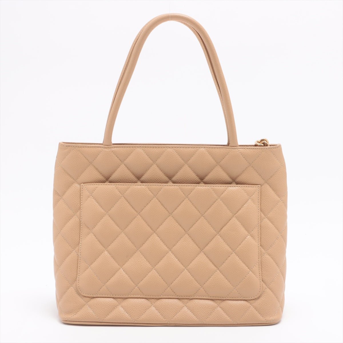 Medallion Tote Bag Beige Caviarskin Gold Metal