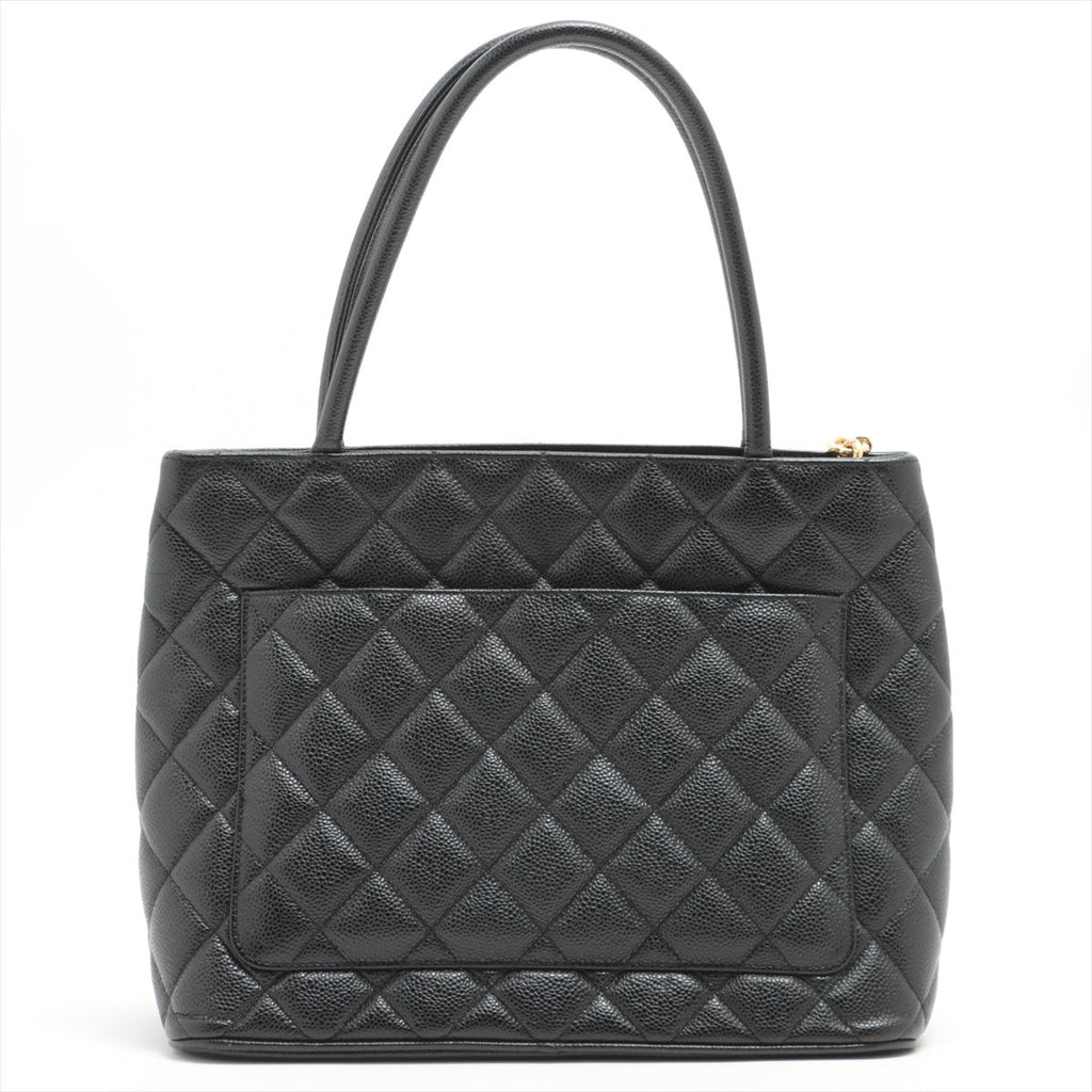 Medallion Tote Bag Black Caviarskin Gold Metal