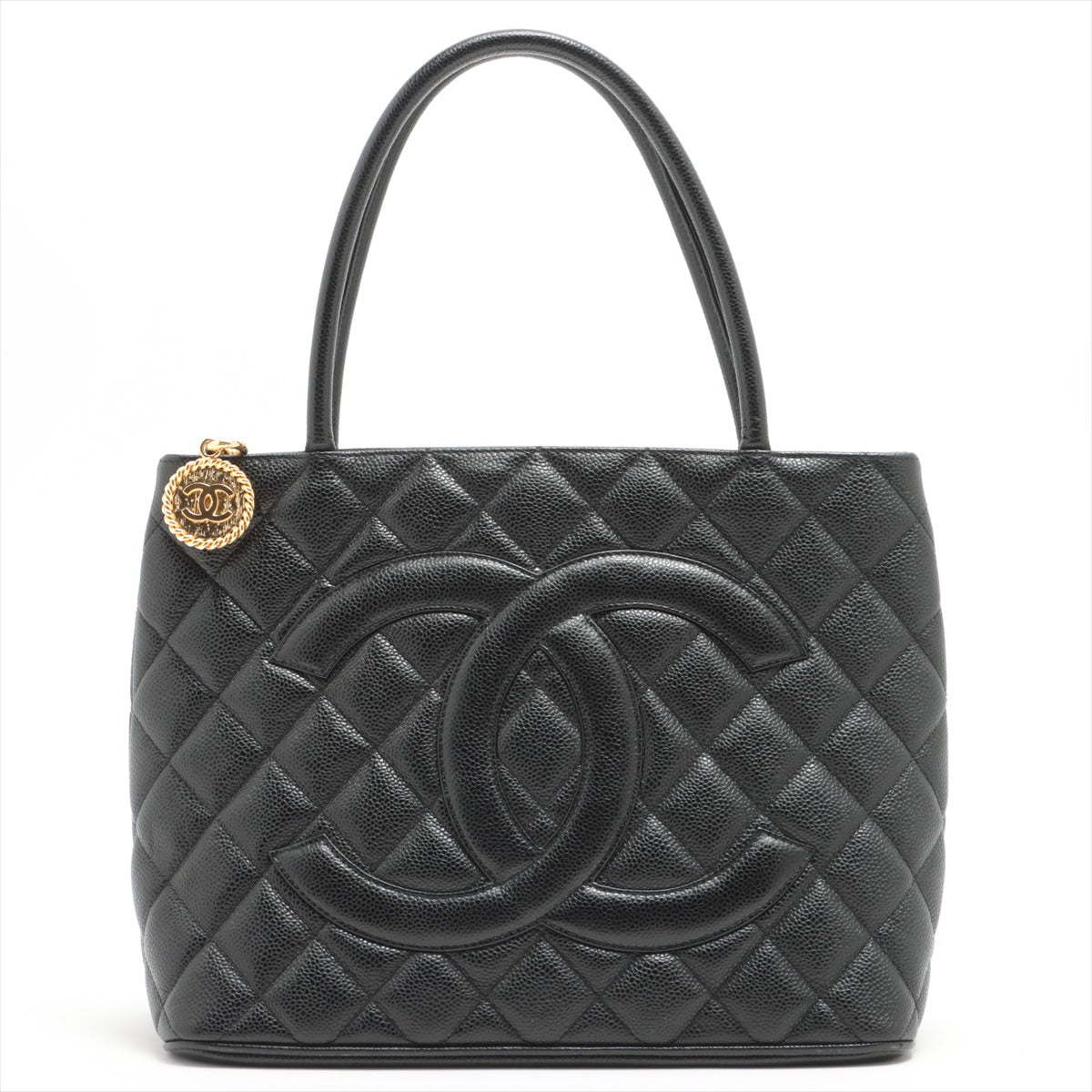 Medallion Tote Bag Black Caviarskin Gold Metal