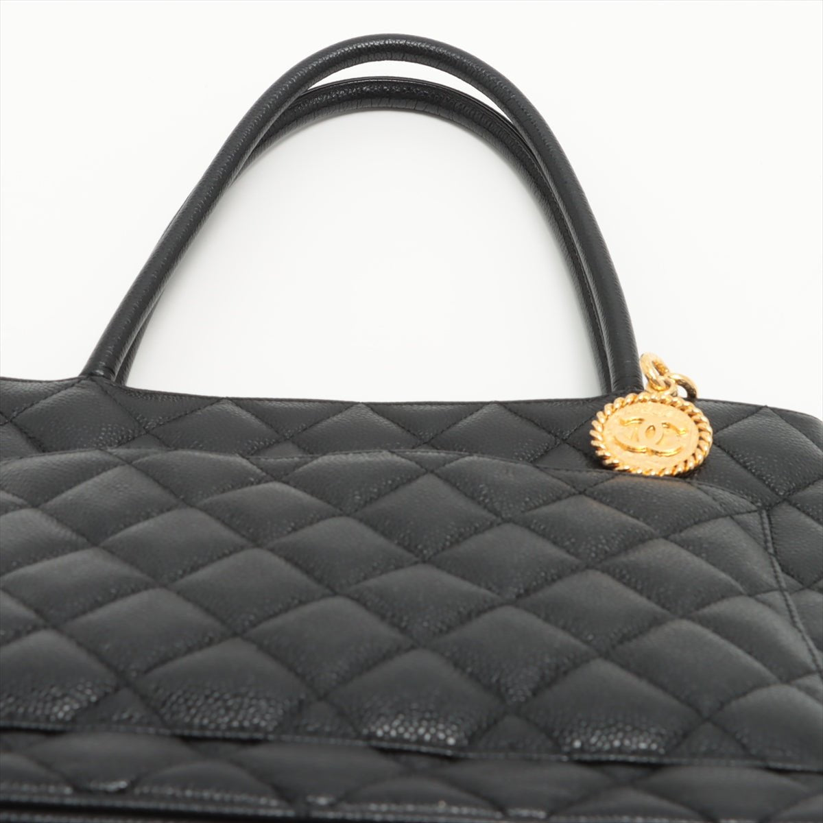 Medallion Tote Bag Black Caviarskin Gold Metal