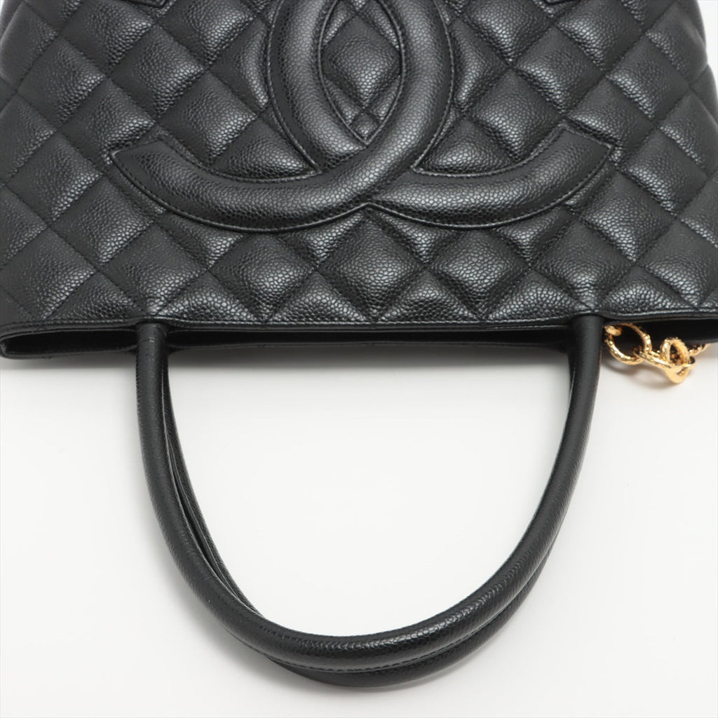 Medallion Tote Bag Black Caviarskin Gold Metal