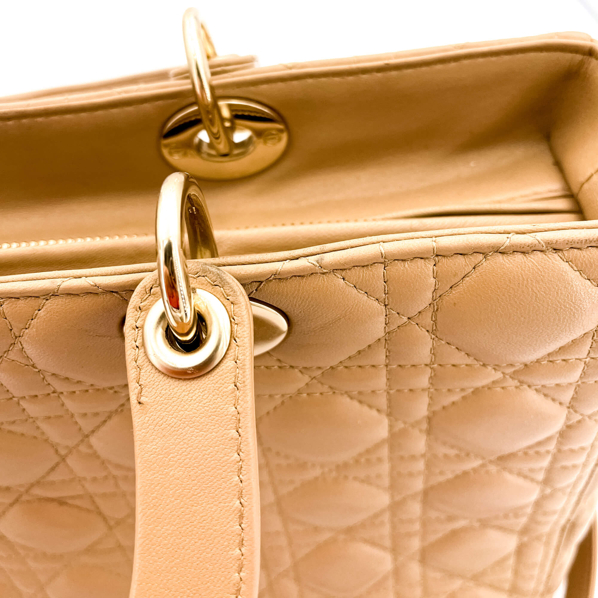 Lady Dior Large Cannage Leather Zip Beige Bag