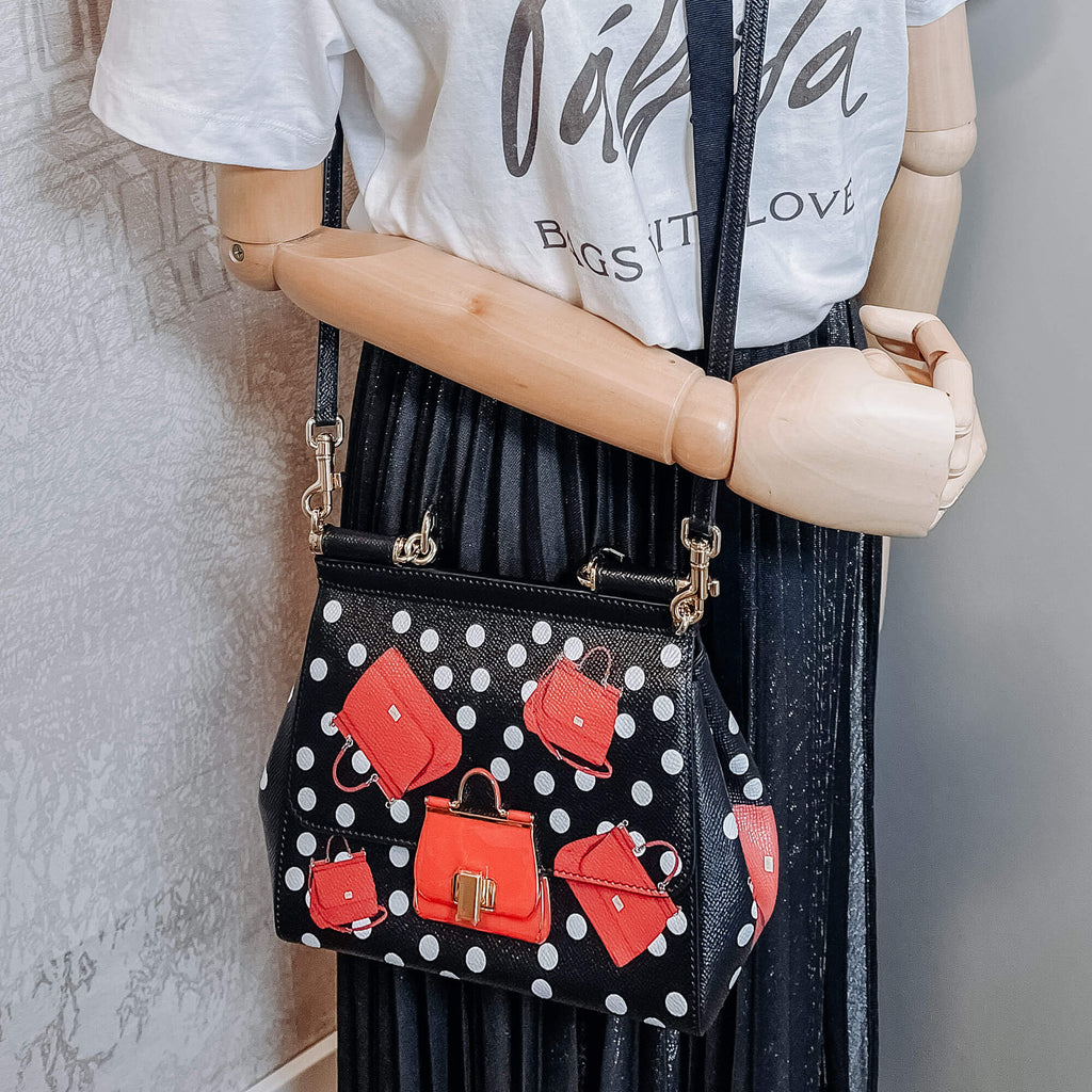 Sicily Polka Dots Small Dauphine Leather Black Bag