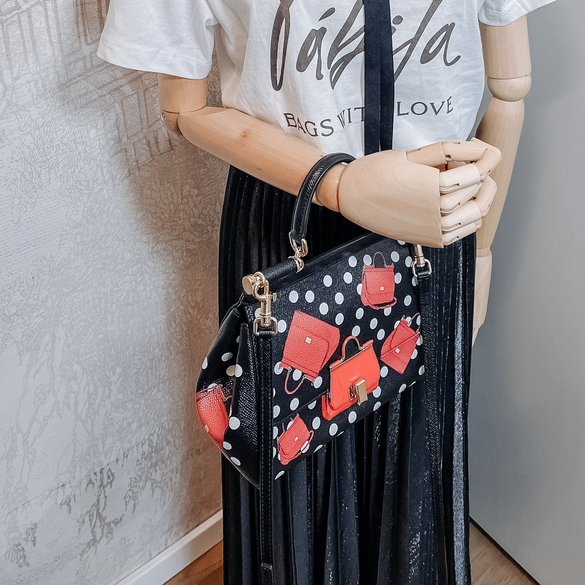 Sicily Polka Dots Small Dauphine Leather Black Bag
