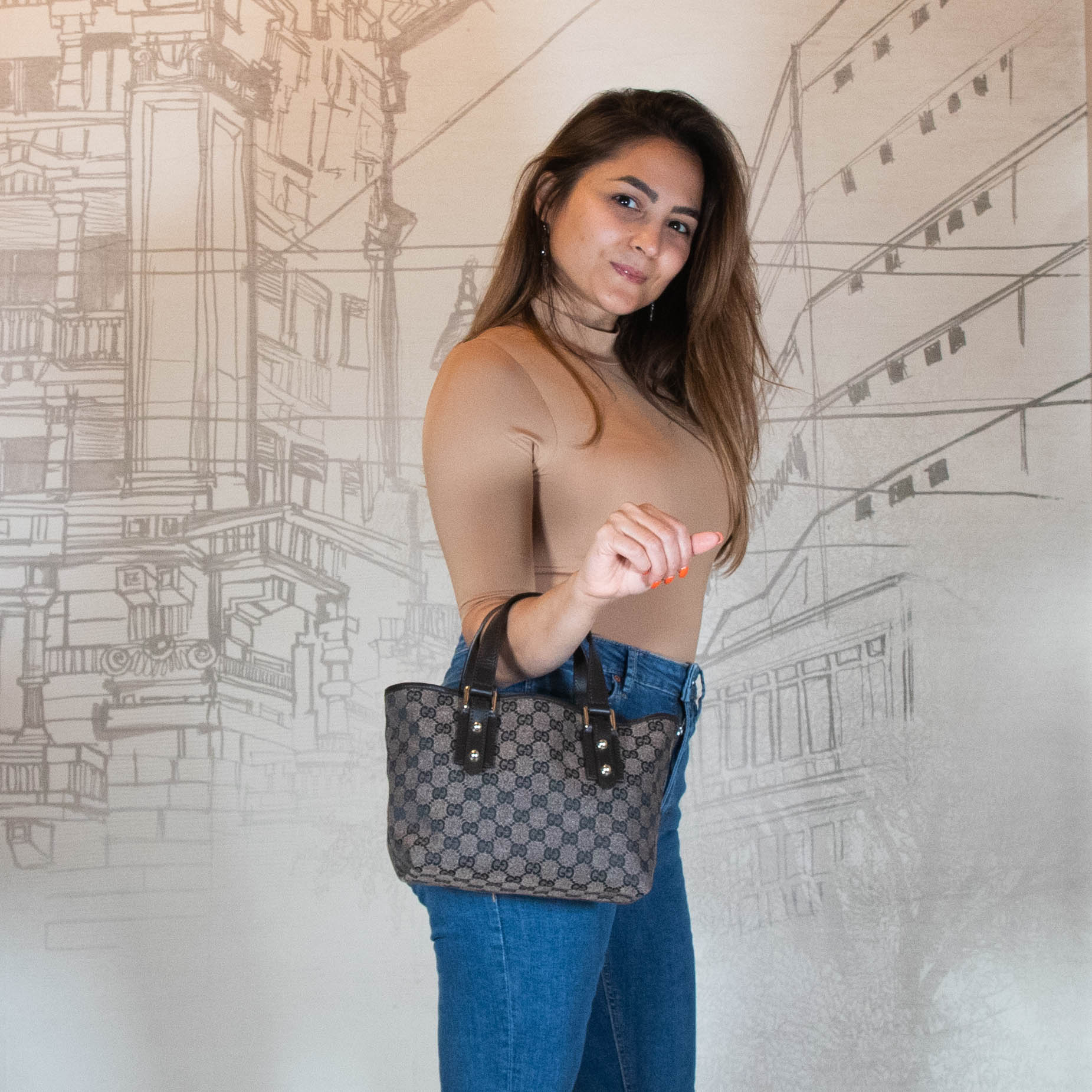 GG Canvas Jaquard Joliquer Mini Tote Bag Grey