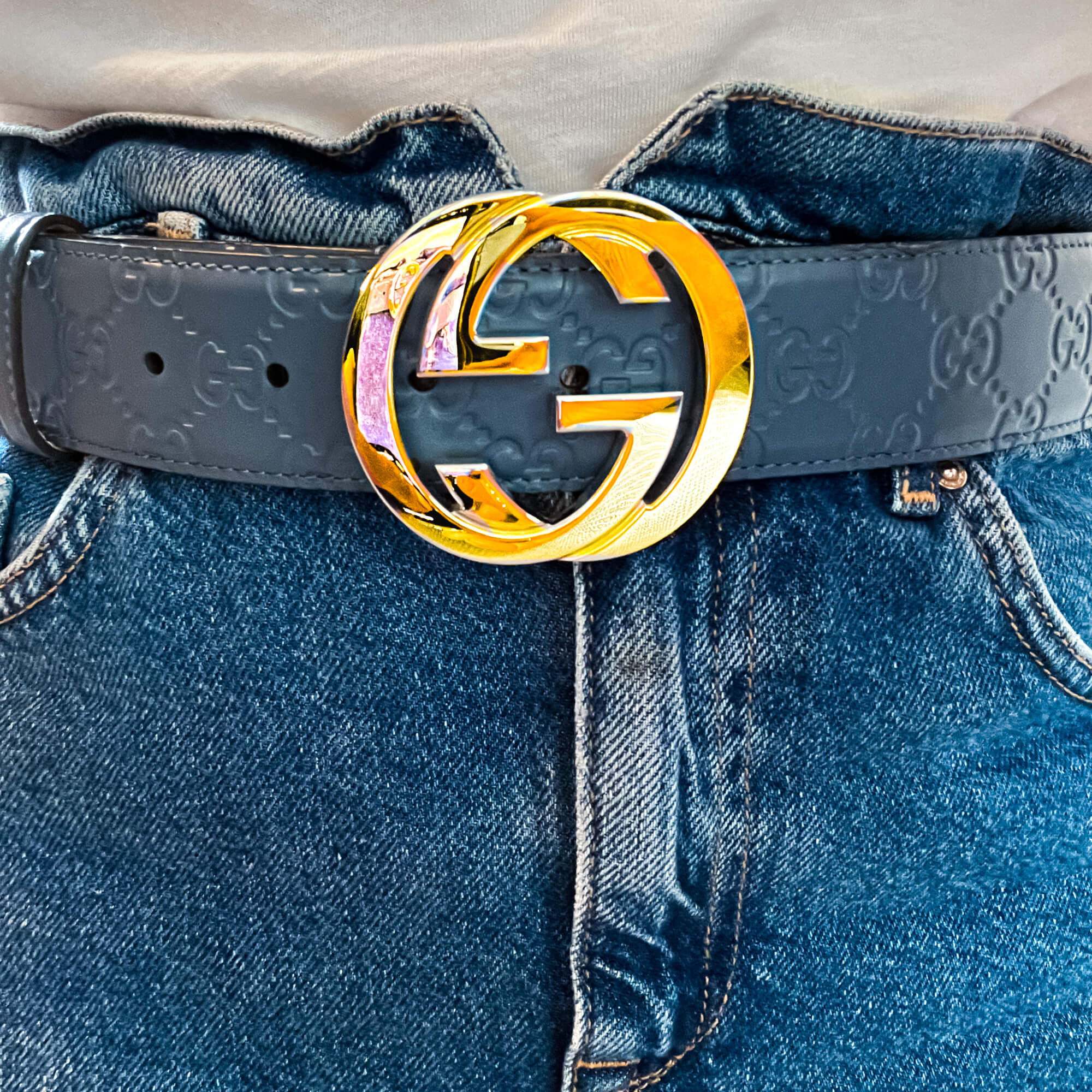 Guccissima Interlocking Belt Embossed Blue 90 /36