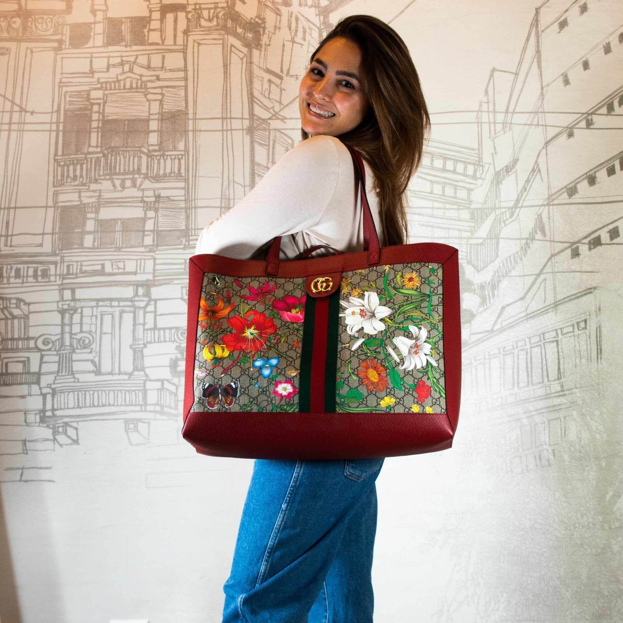 Ophidia GG Flora Shopper Red Large  547947