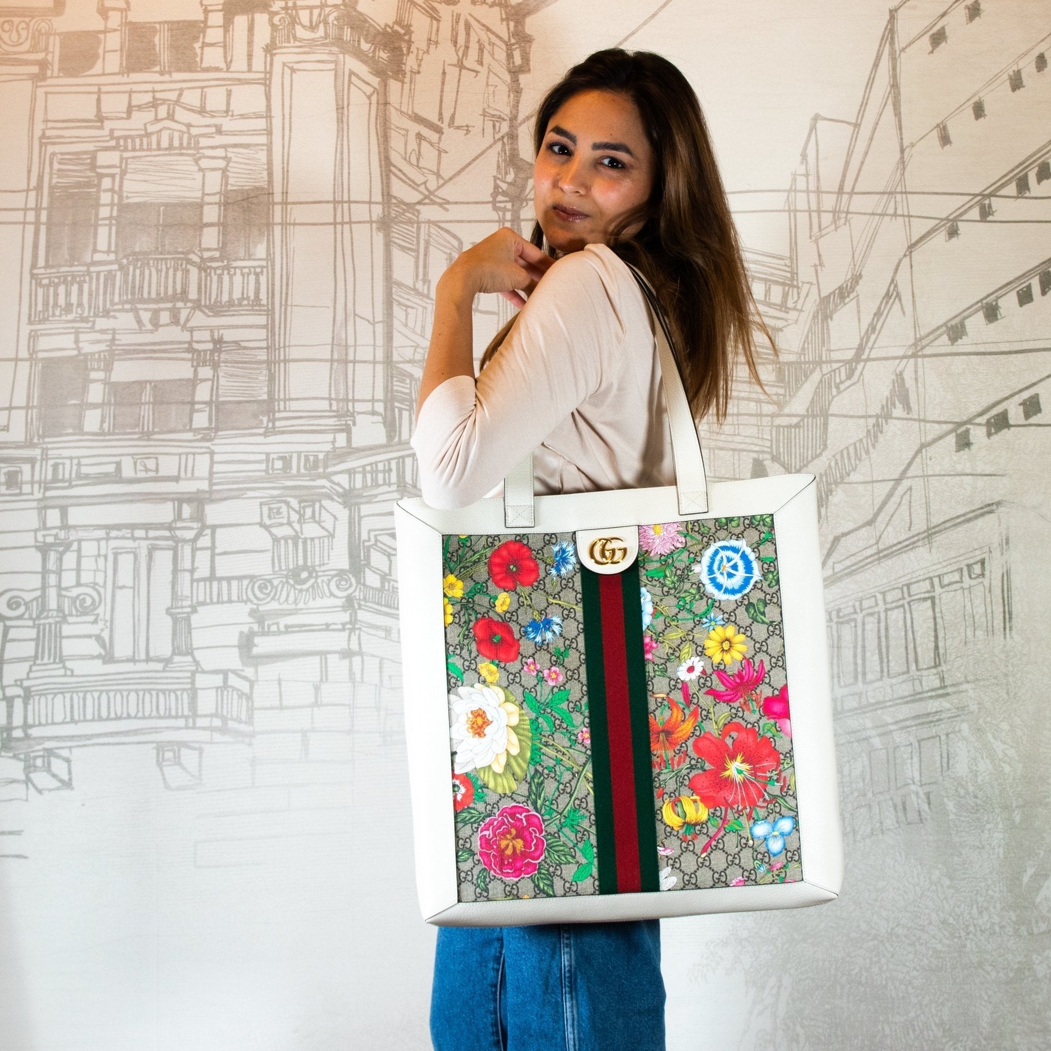 Ophidia GG Flora Shopper White Large