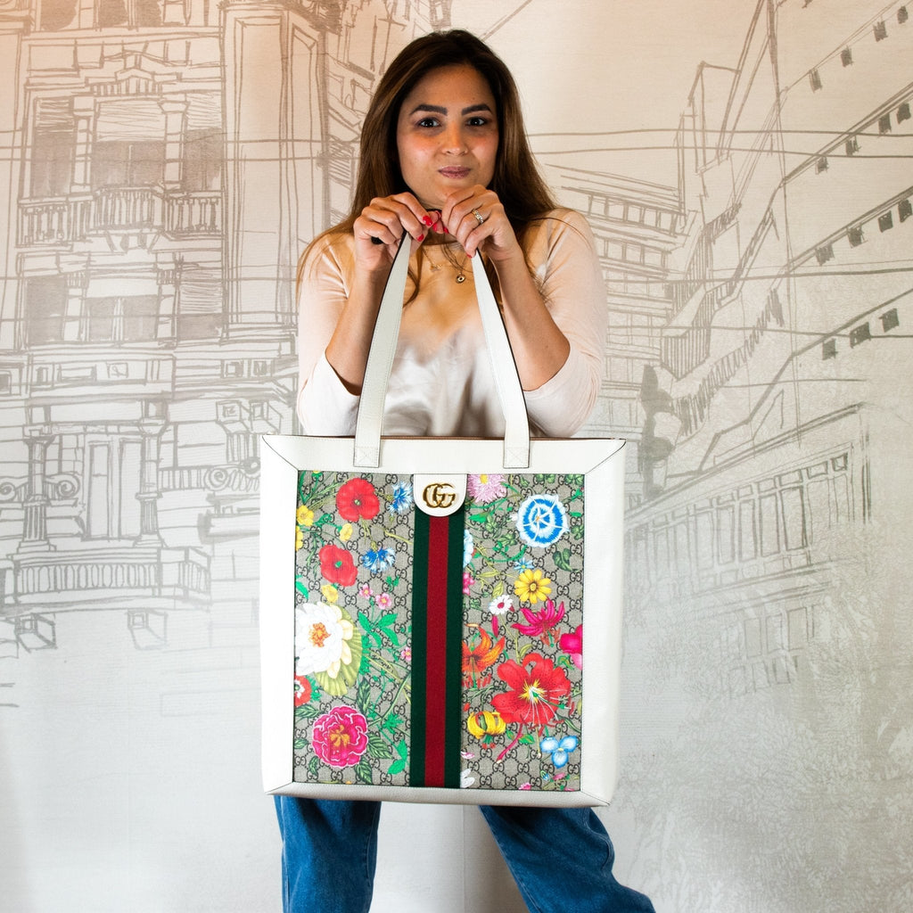 Ophidia GG Flora Shopper White Large