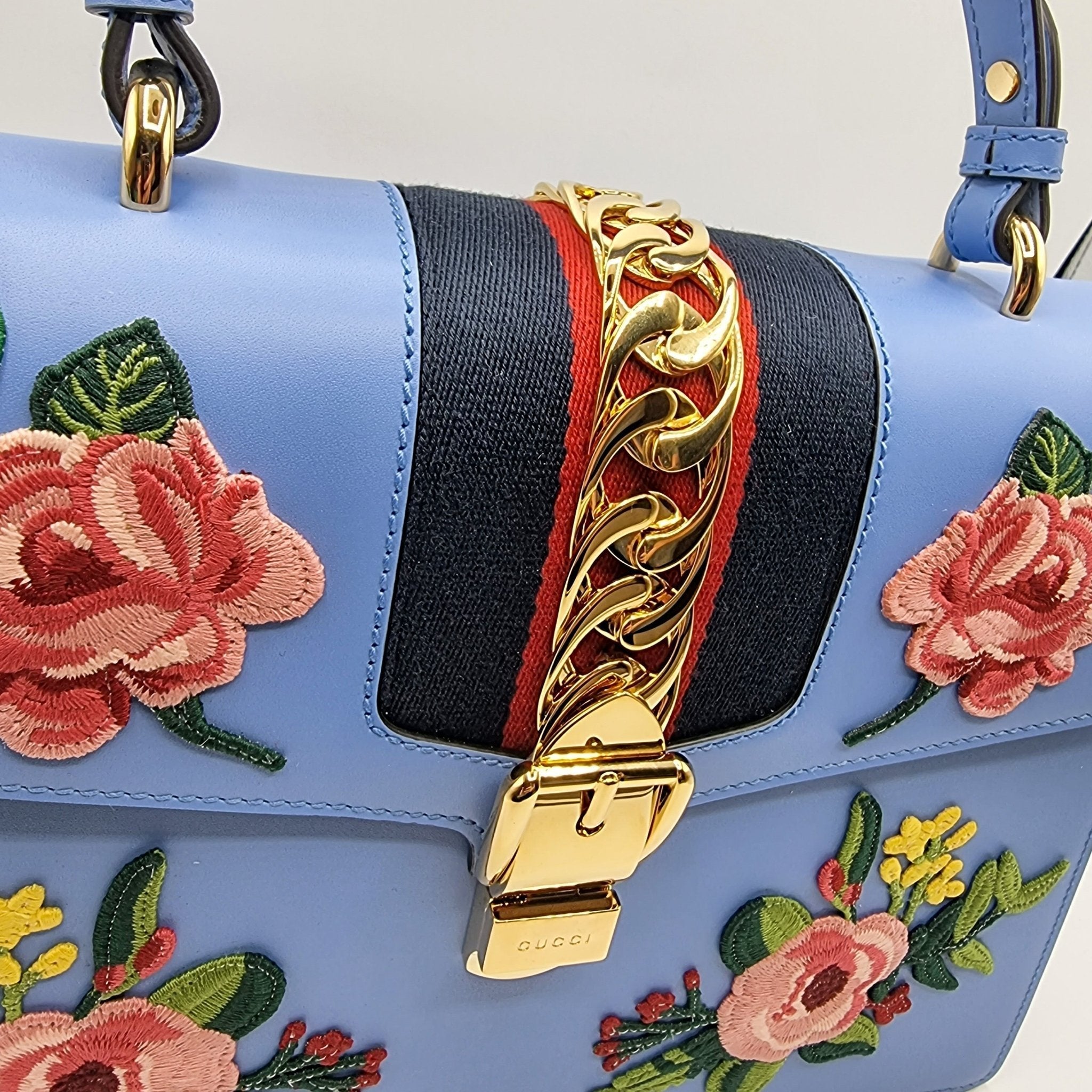 Sylvie Top Handle Bag Blue Leather Floral Embroidered Medium