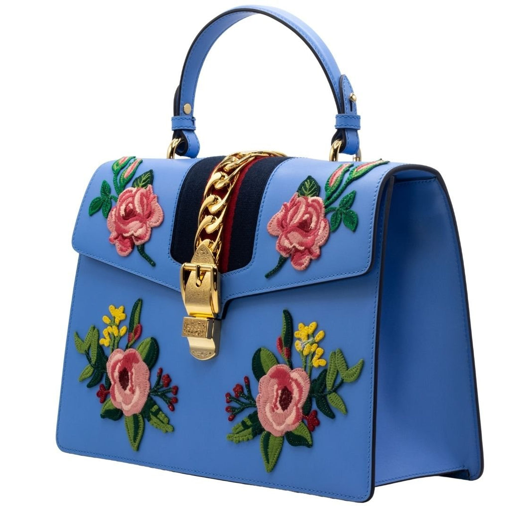 Sylvie Top Handle Bag Blue Leather Floral Embroidered Medium