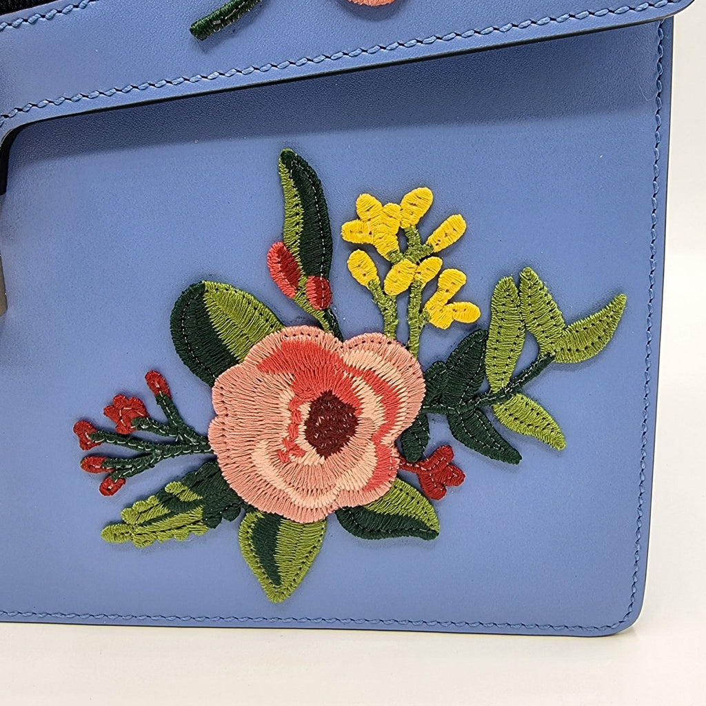 Sylvie Top Handle Bag Blue Leather Floral Embroidered Medium