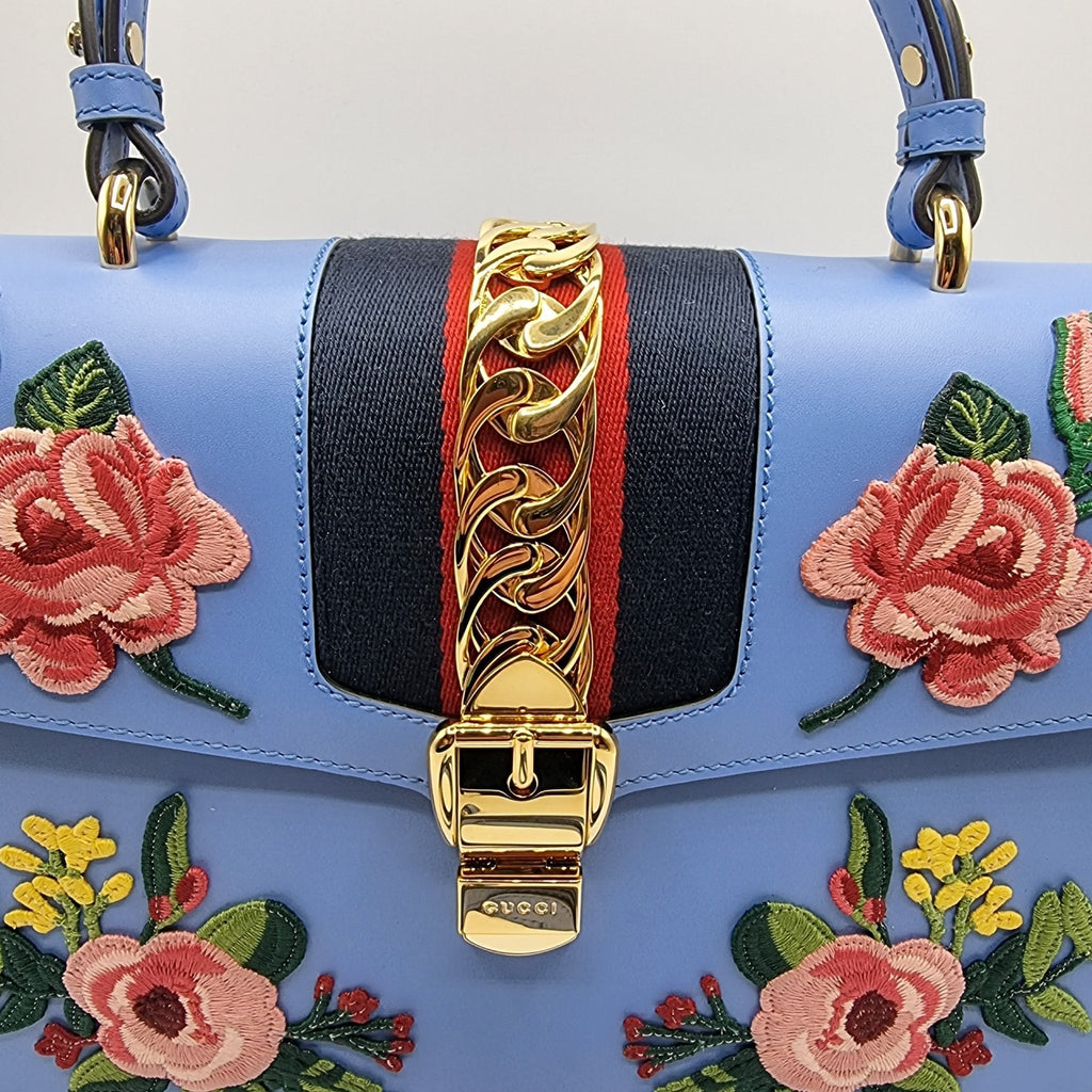 Sylvie Top Handle Bag Blue Leather Floral Embroidered Medium