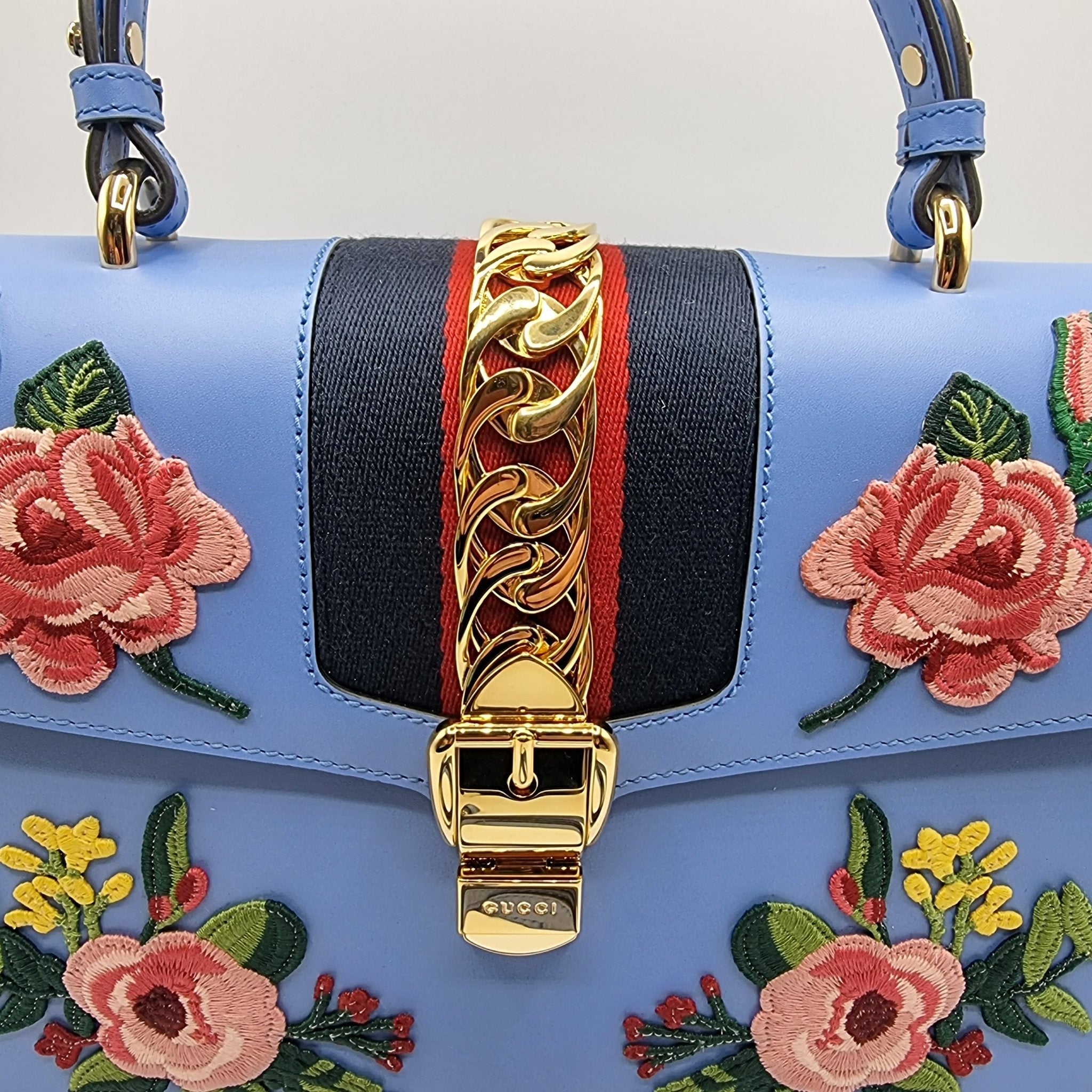 Sylvie Top Handle Bag Blue Leather Floral Embroidered Medium