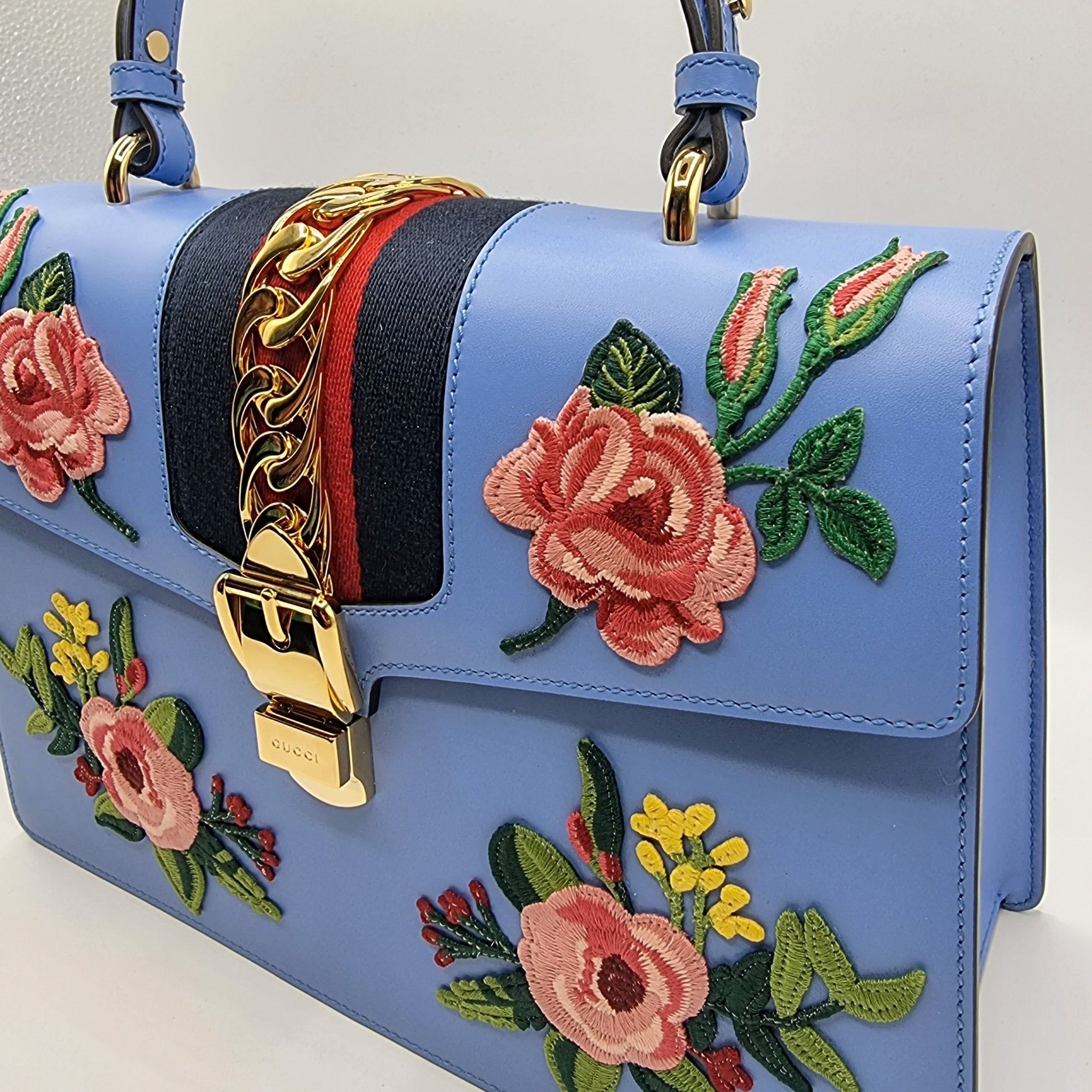 Sylvie Top Handle Bag Blue Leather Floral Embroidered Medium