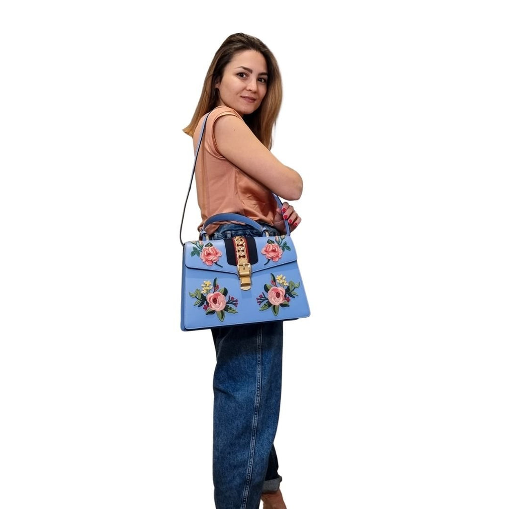 Sylvie Top Handle Bag Blue Leather Floral Embroidered Medium