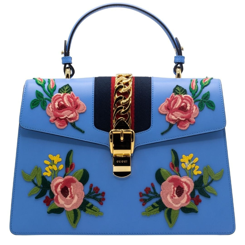 Sylvie Top Handle Bag Blue Leather Floral Embroidered Medium