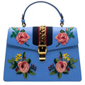 Sylvie Top Handle Bag Blue Leather Floral Embroidered Medium