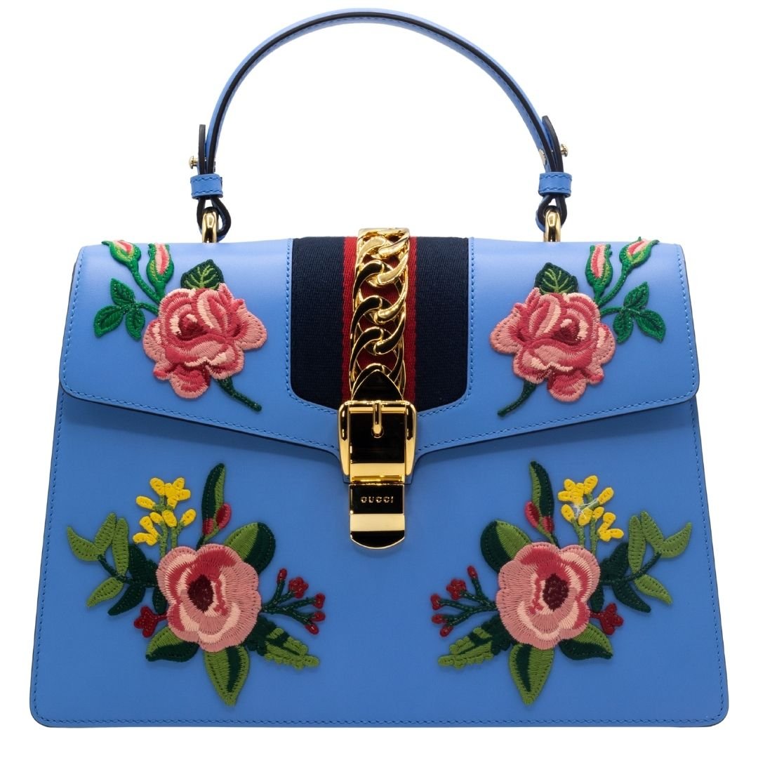 Sylvie Top Handle Bag Blue Leather Floral Embroidered Medium