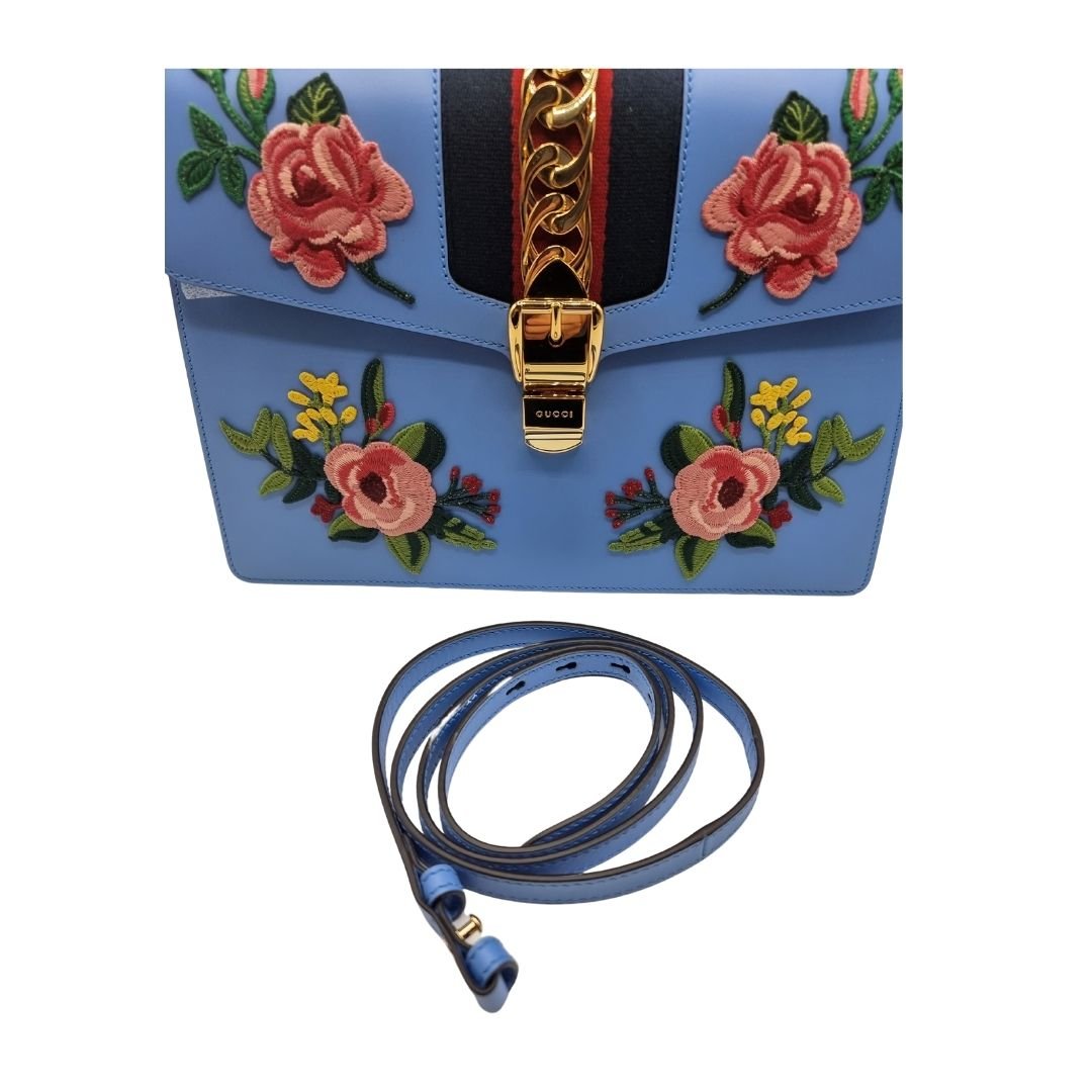 Sylvie Top Handle Bag Blue Leather Floral Embroidered Medium