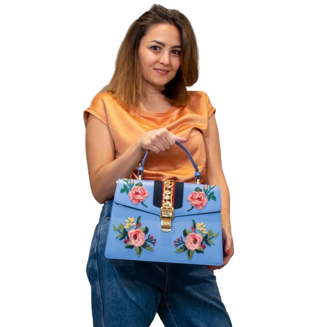 Sylvie Top Handle Bag Blue Leather Floral Embroidered Medium