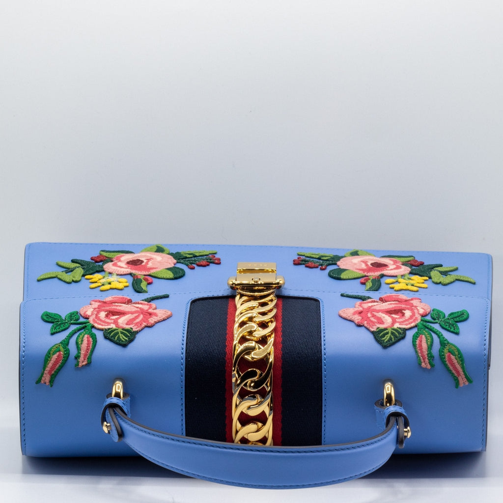 Sylvie Top Handle Bag Blue Leather Floral Embroidered Medium