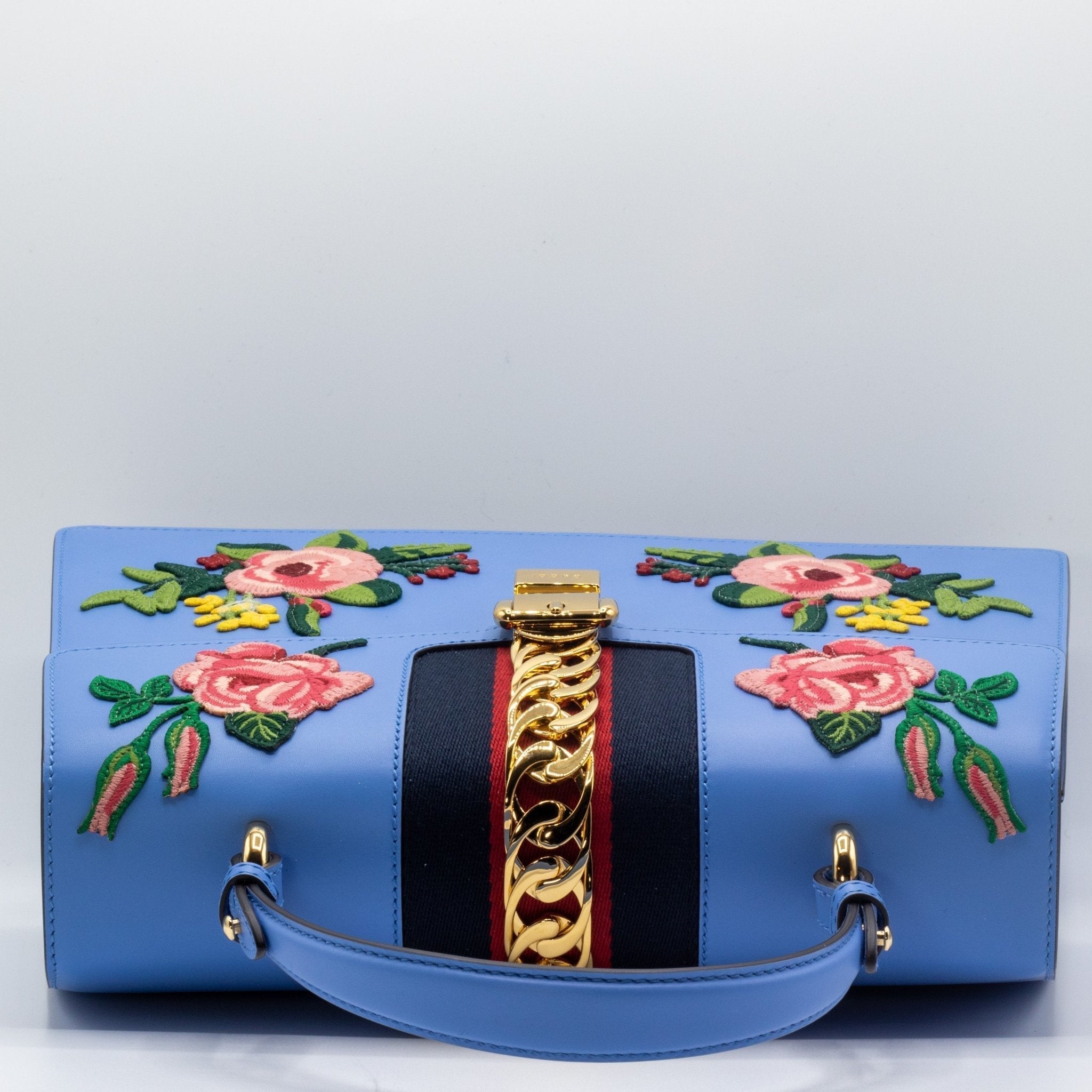 Sylvie Top Handle Bag Blue Leather Floral Embroidered Medium