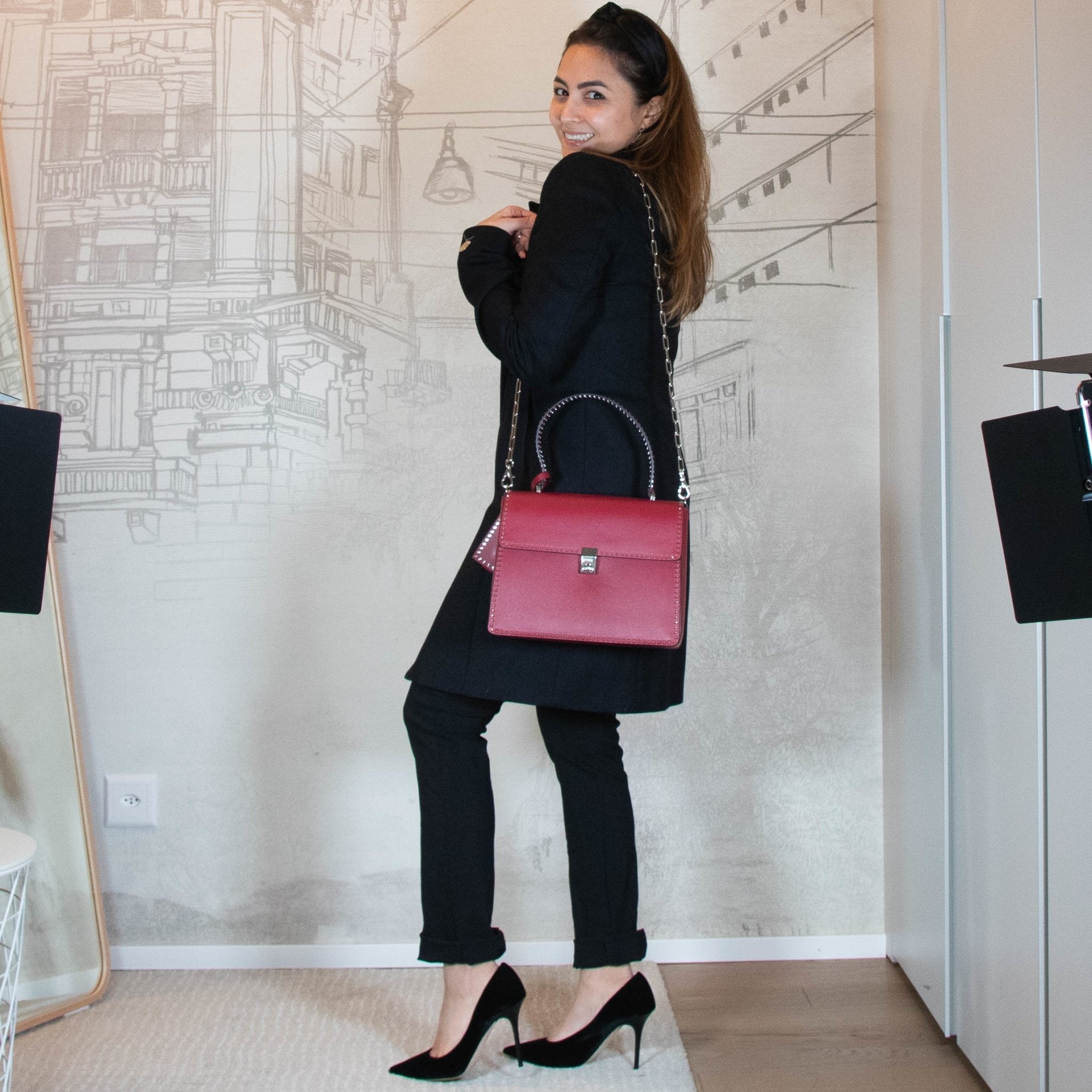 Red Leather Studs Shoulder Bag
