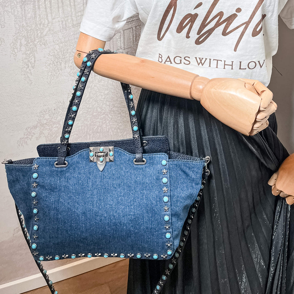 Rockstud 2-Way Denim & Leather Blue Tote