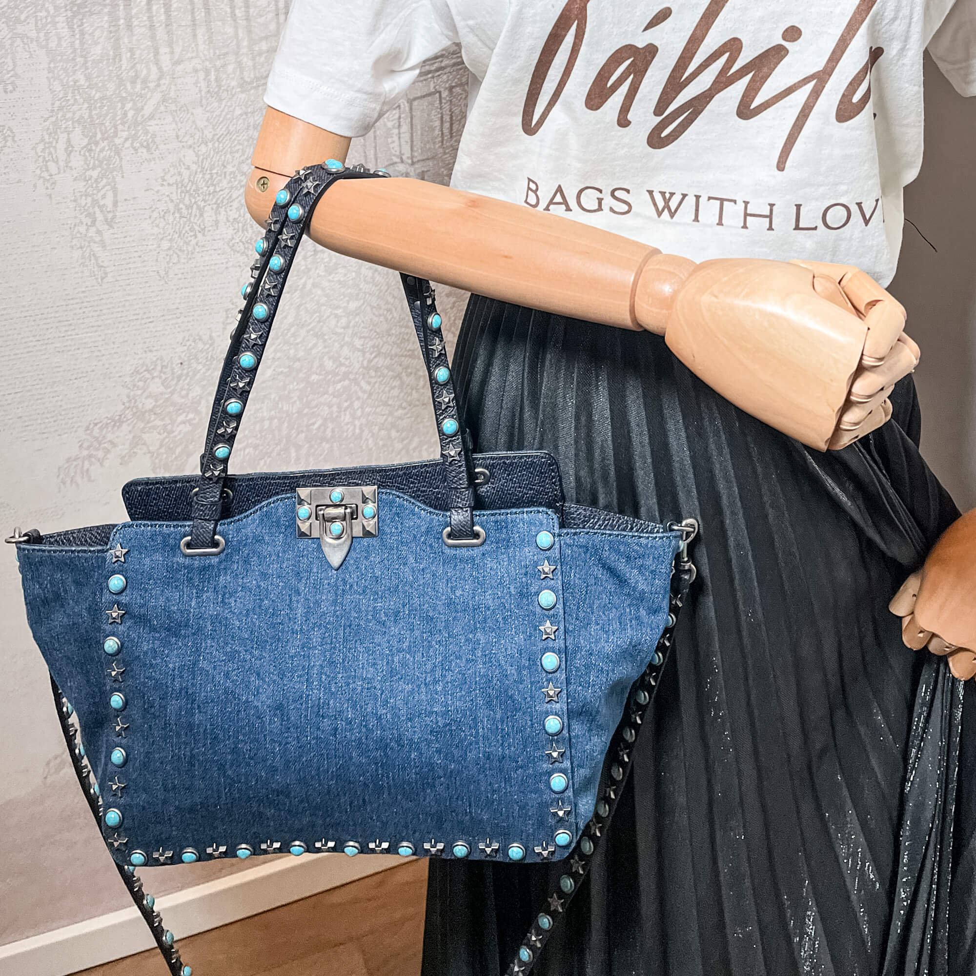Rockstud 2-Way Denim & Leather Blue Tote