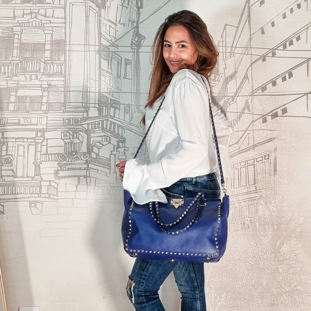 Rockstud Tote Blue Leather