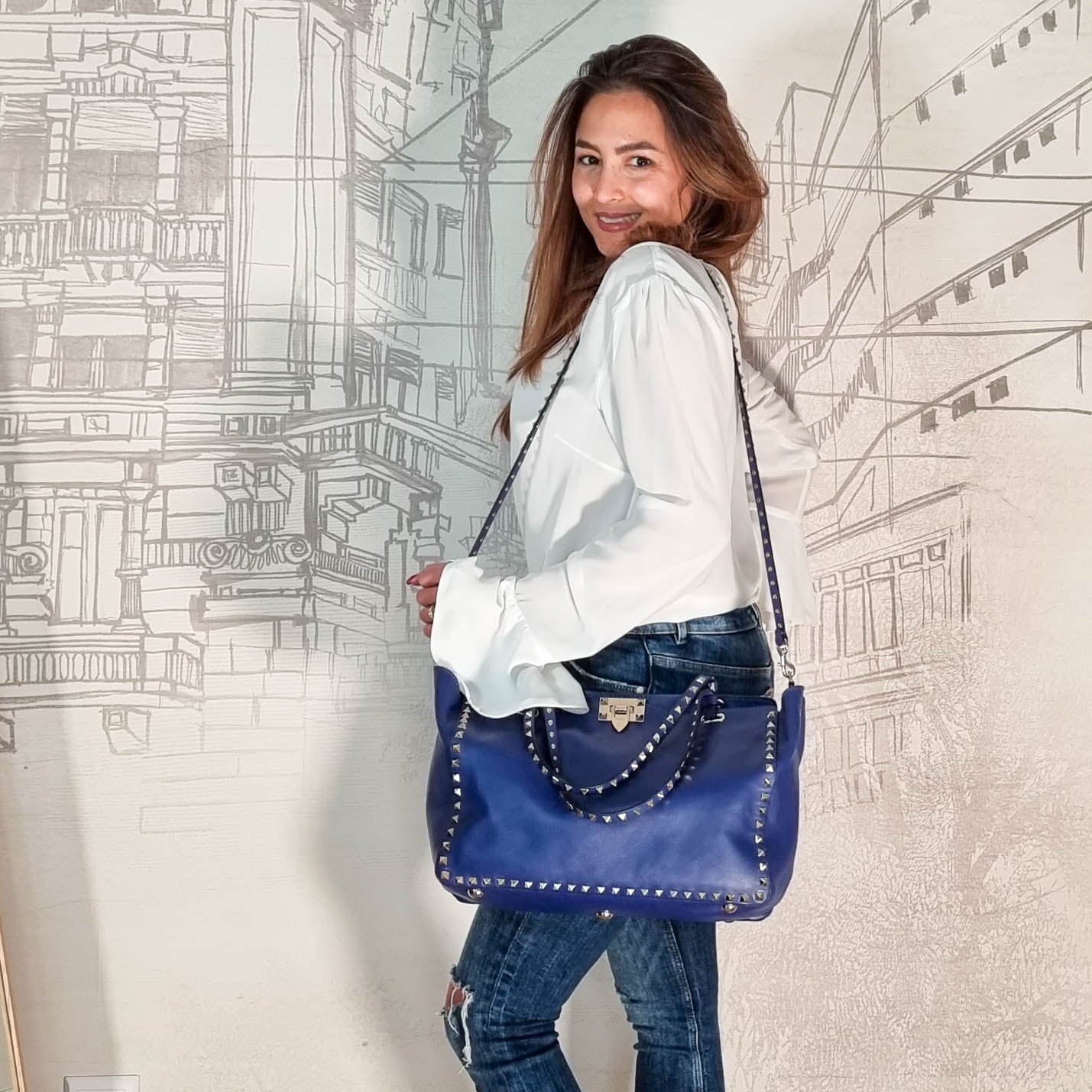 Rockstud Tote Blue Leather