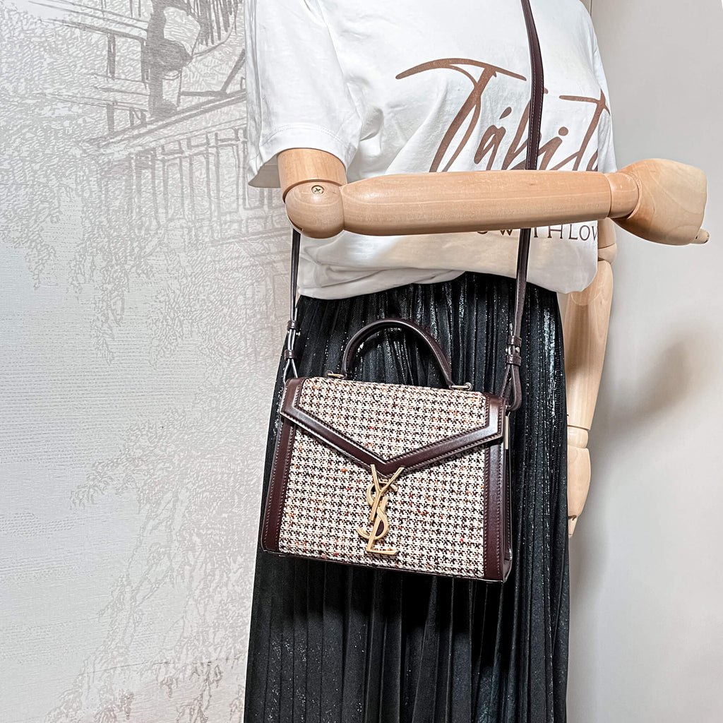 Cassandra Mini Tweed and Leather 2-Way Bag Brown
