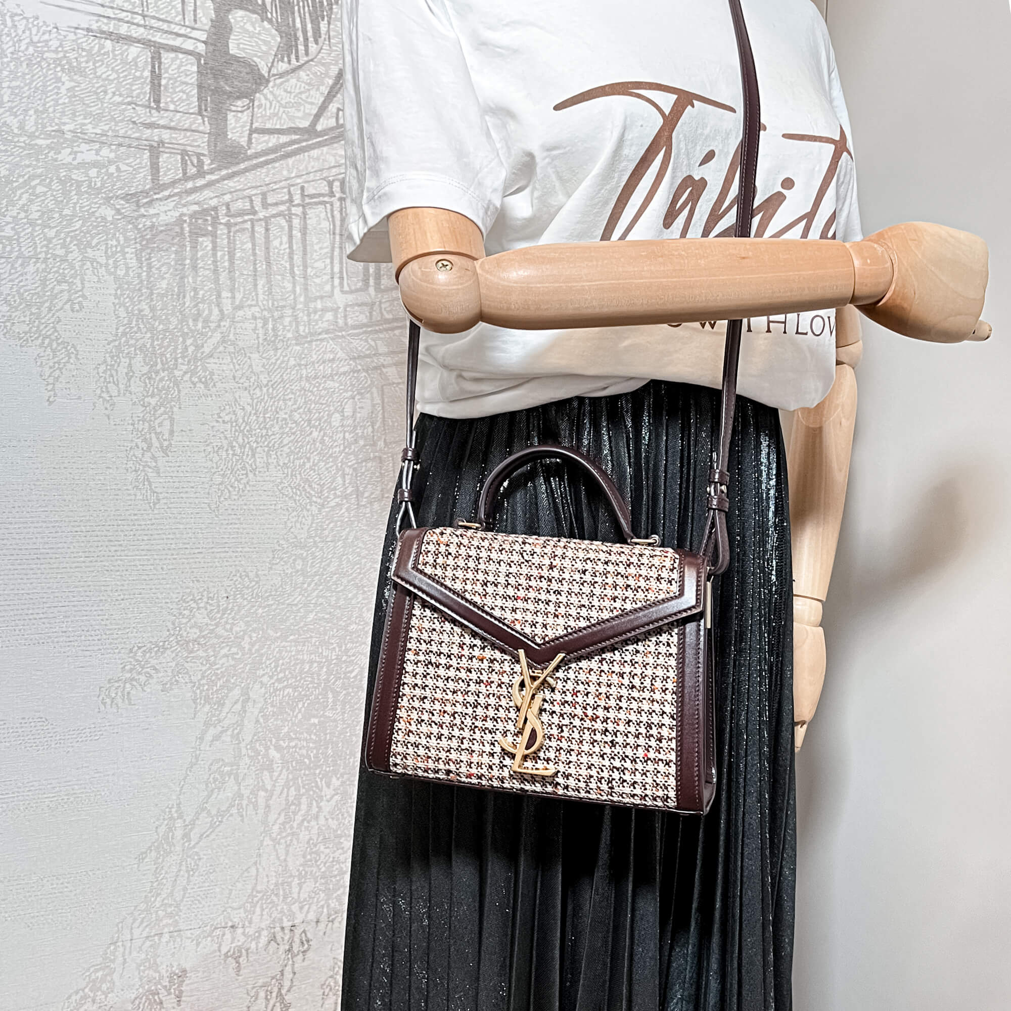 Cassandra Mini Tweed and Leather 2-Way Bag Brown