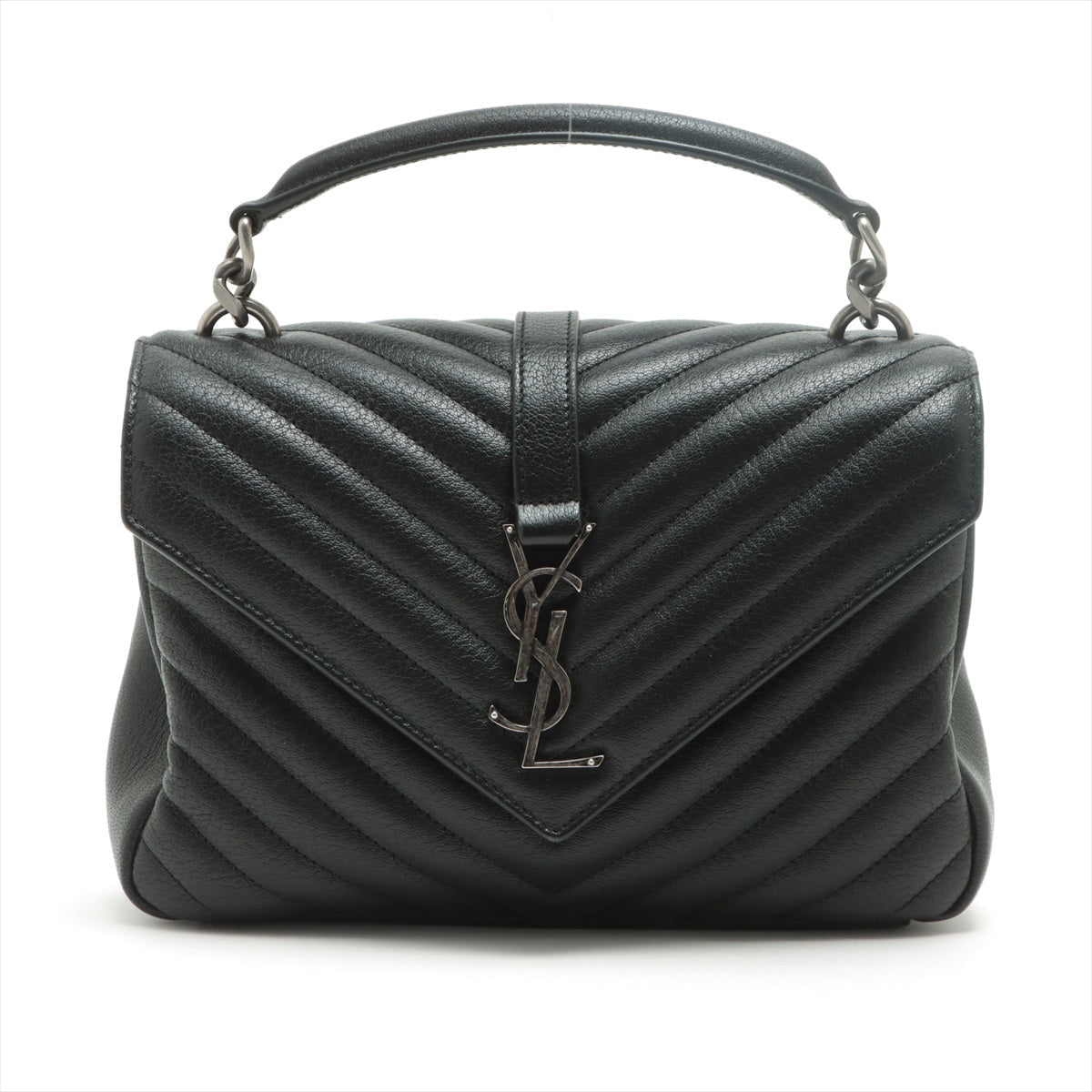 College Small Quilted "Y" Leather Black Bag