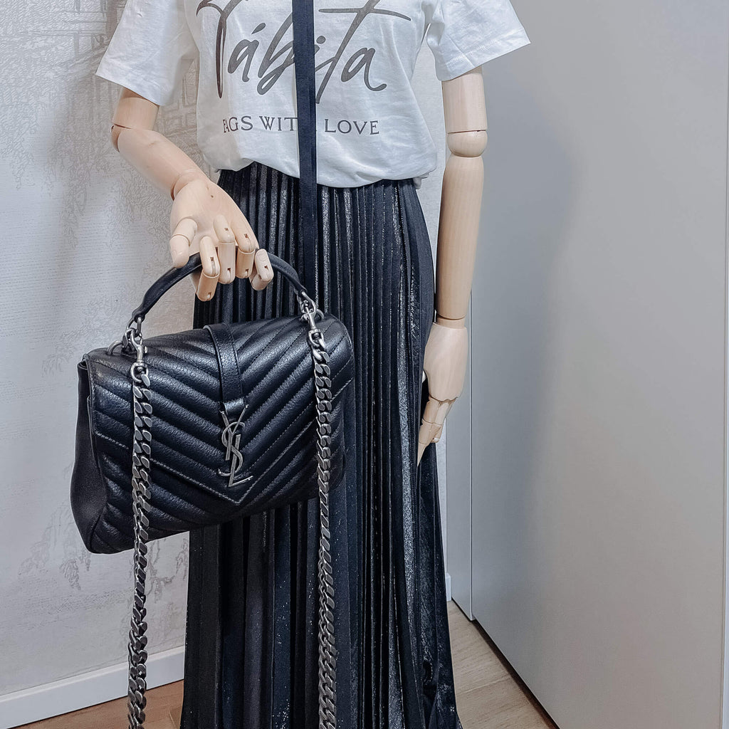 College Small Quilted "Y" Leather Black Bag