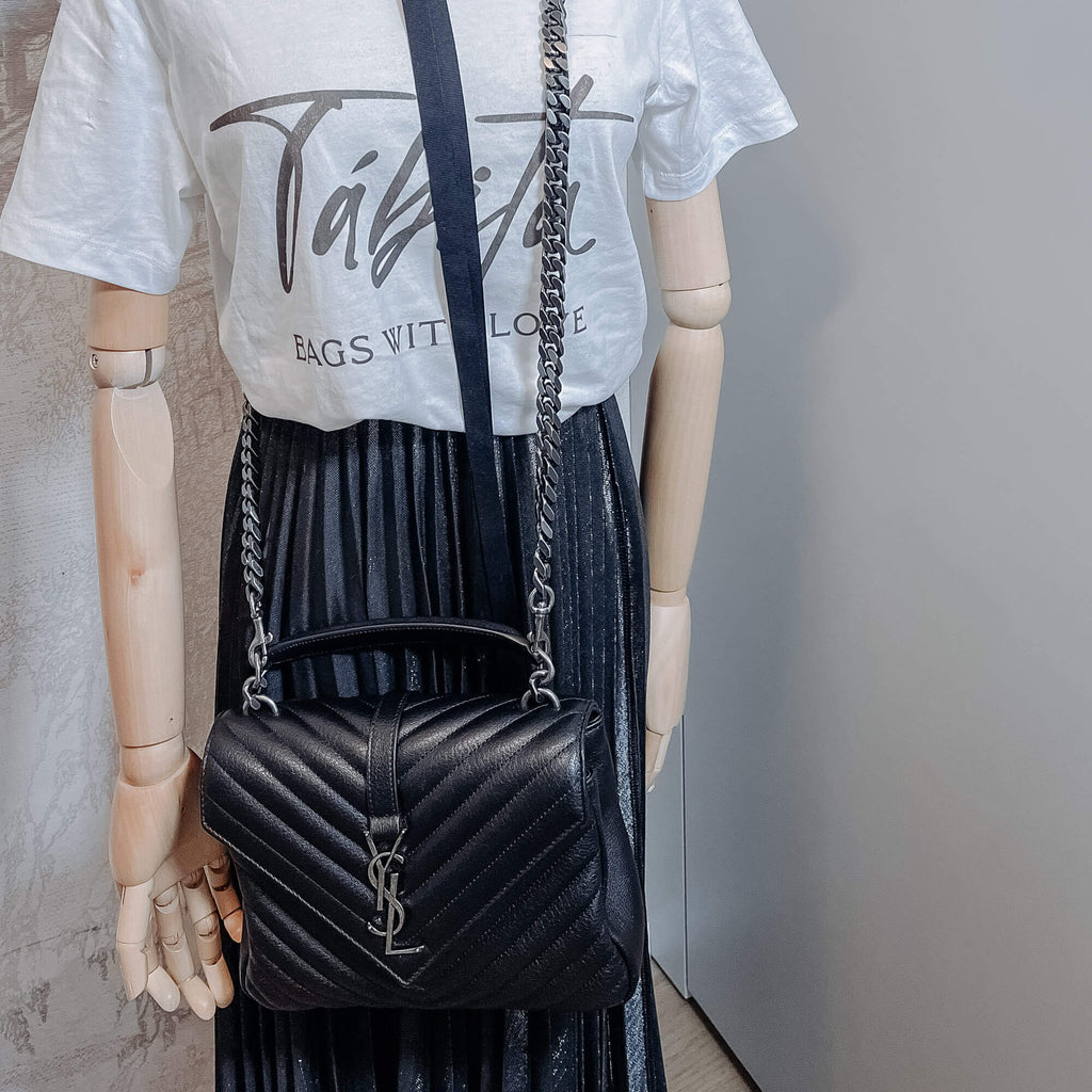 College Small Quilted "Y" Leather Black Bag