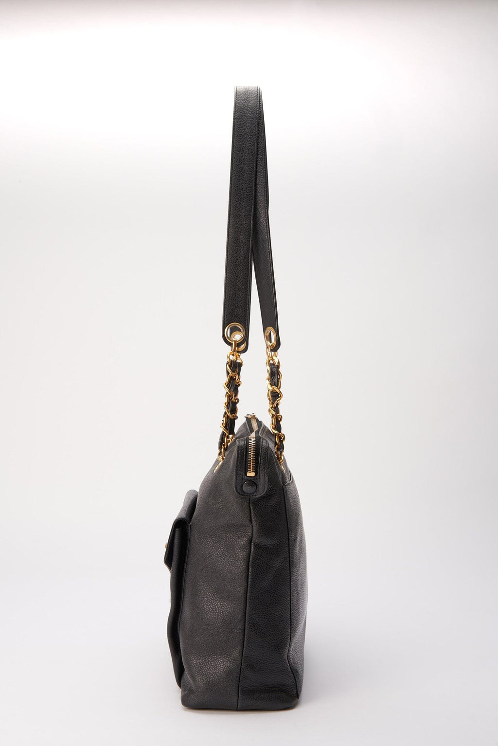 Vintage Chanel Black Leather Tote Bag with 24K Gold Plated Hardware