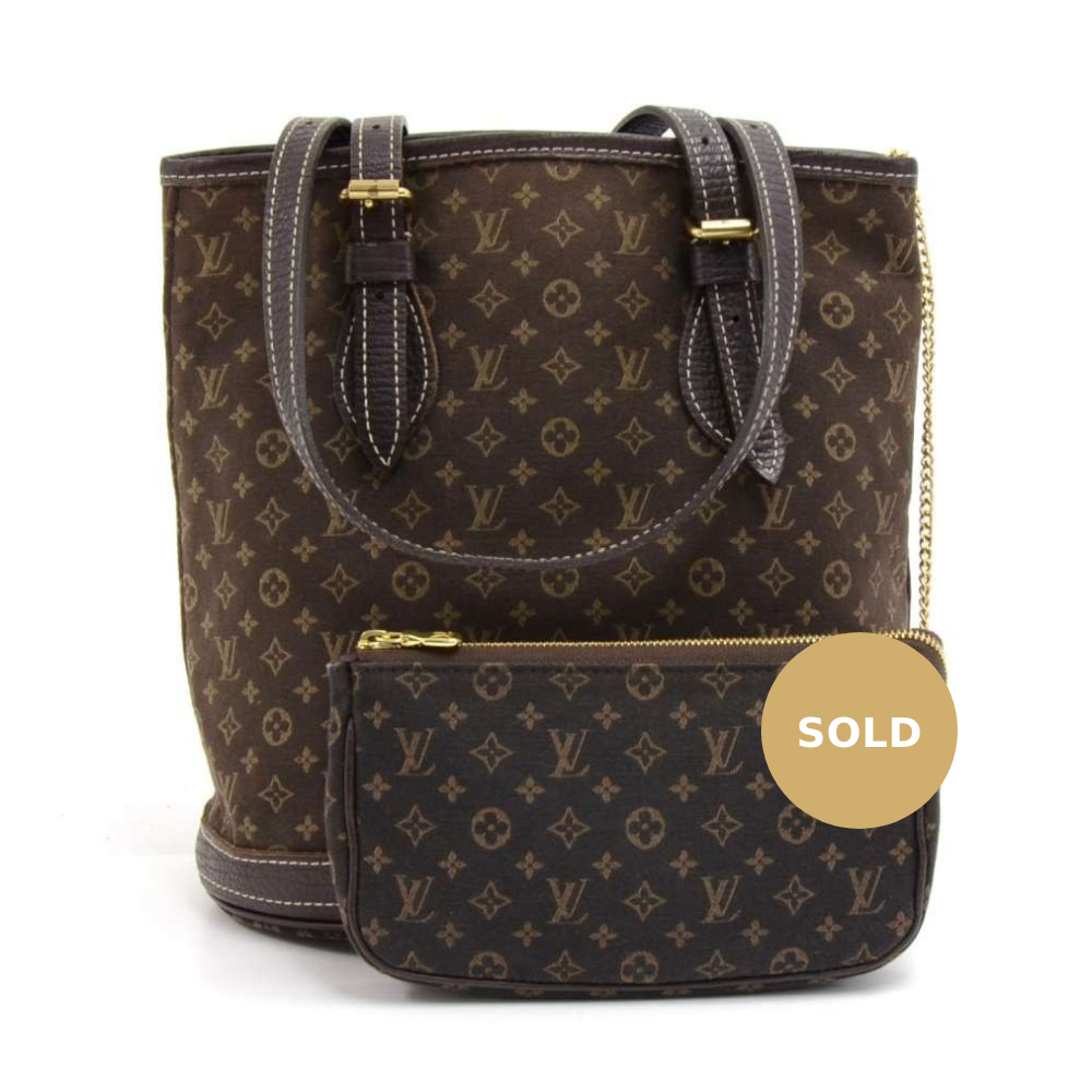 Louis Vuitto Bucket PM Mini Lin Monogram EbÃ¨ne Canvas Shoulder Bag with Pouch