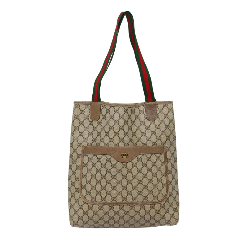 GUCCI GG Supreme Web Sherry Line Tote Bag PVC Leather Beige Red tb1124
