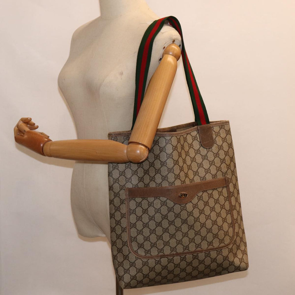 GUCCI GG Supreme Web Sherry Line Tote Bag PVC Leather Beige Red tb1124