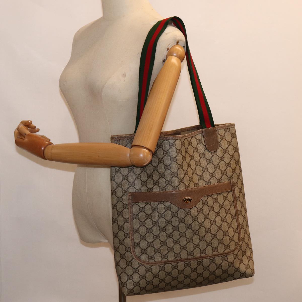 GUCCI GG Supreme Web Sherry Line Tote Bag PVC Leather Beige Red tb1124