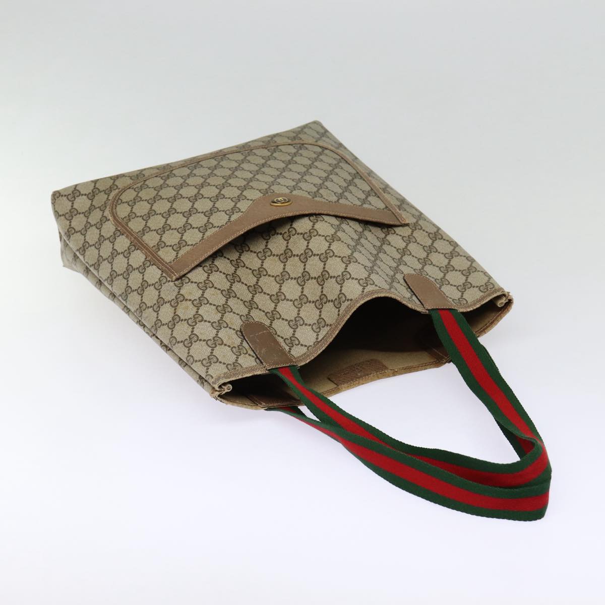 GUCCI GG Supreme Web Sherry Line Tote Bag PVC Leather Beige Red tb1124