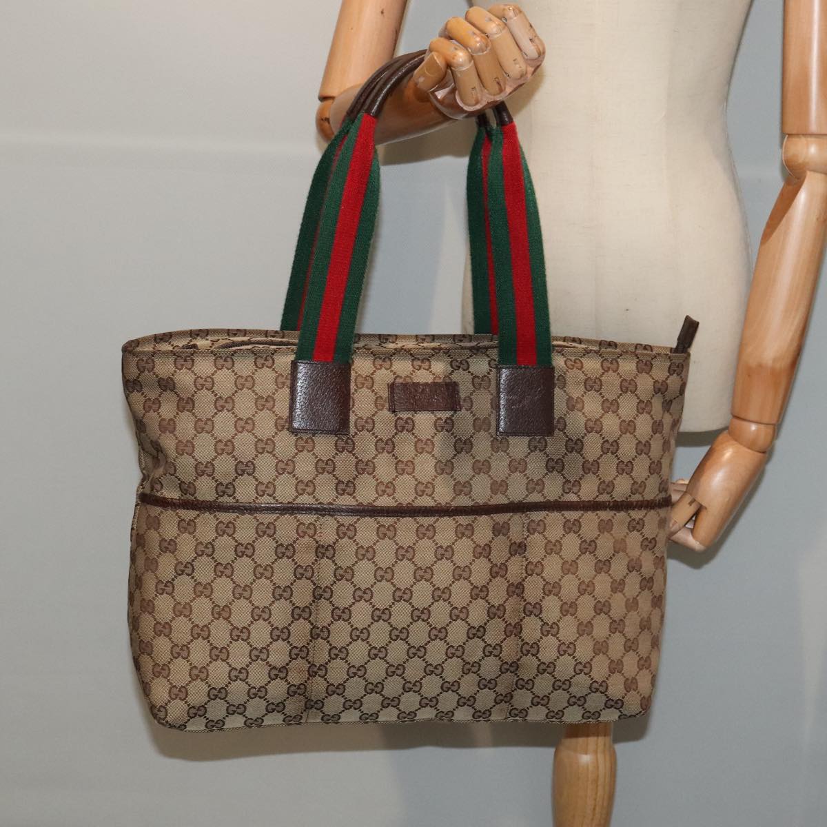 GUCCI GG Canvas Web Sherry Line Tote Bag Beige Red Silver 155524 tb1158