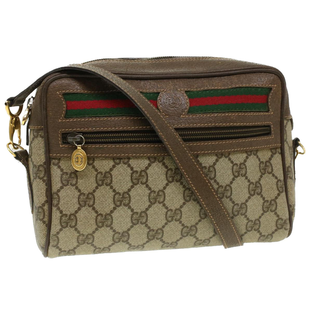 GUCCI Web Sherry Line GG Canvas Shoulder Bag PVC Leather Beige Green tb446