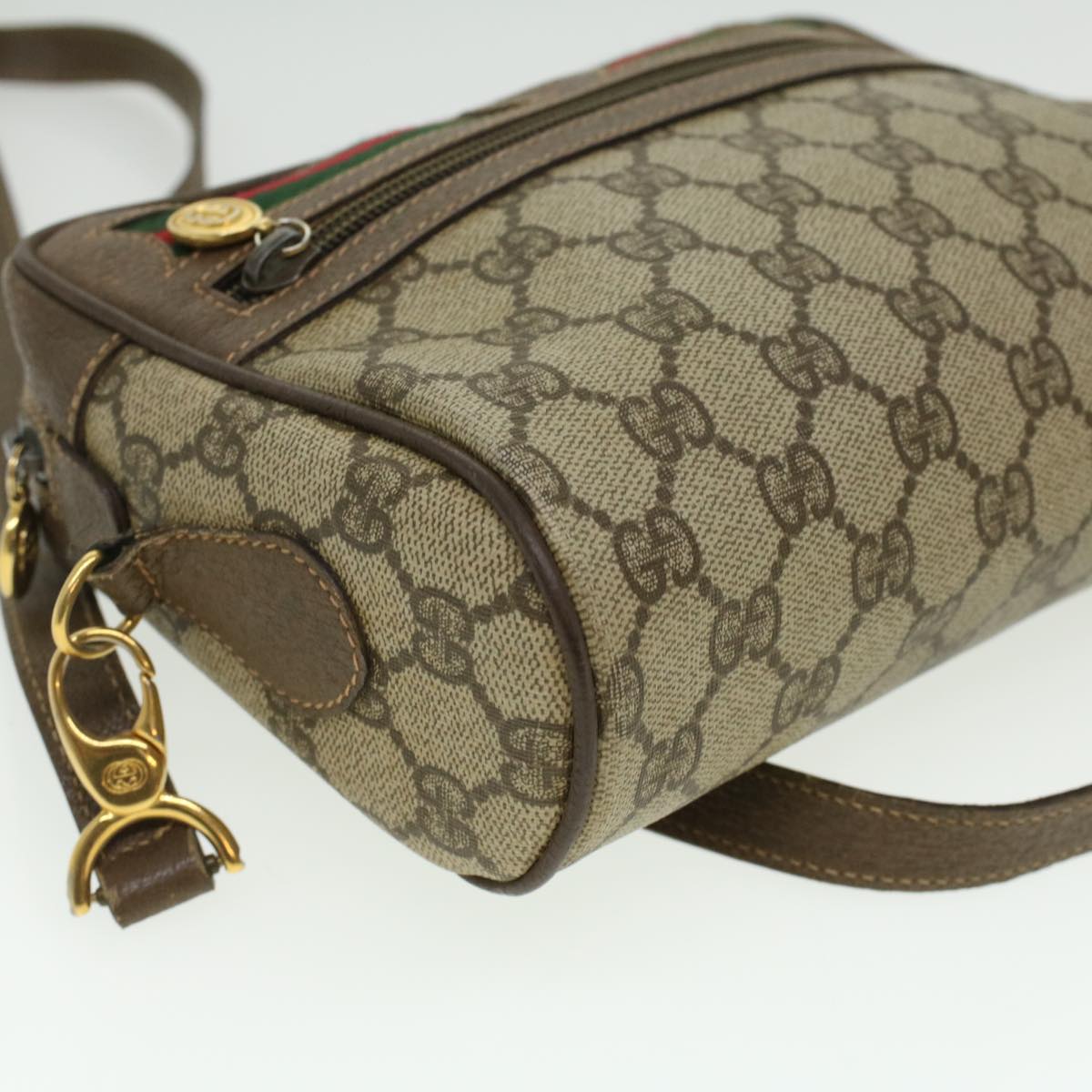 GUCCI Web Sherry Line GG Canvas Shoulder Bag PVC Leather Beige Green tb446